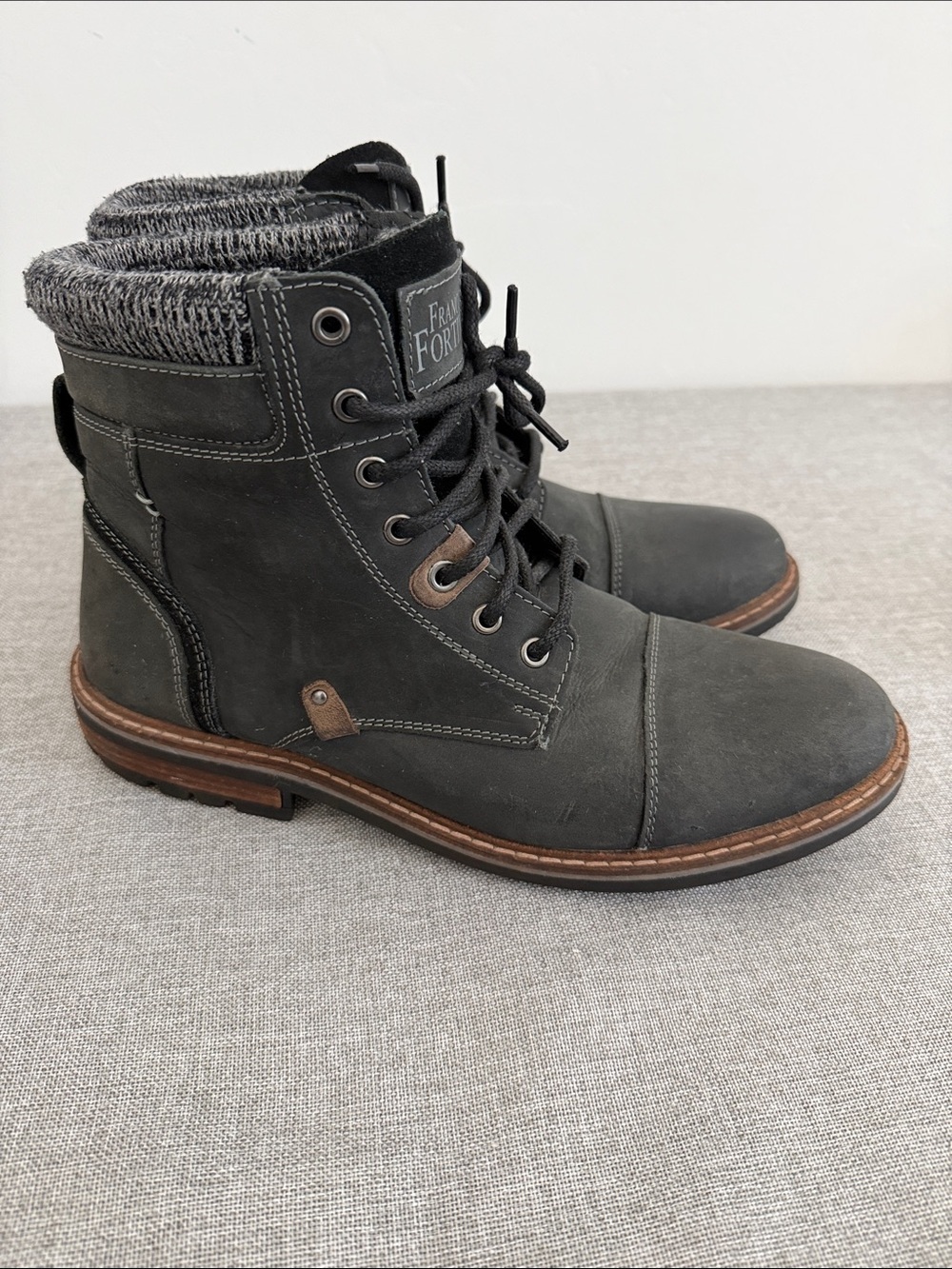 Franco Fortini Charcoal leather Lace-Up Knit-Collar Ankle Boots